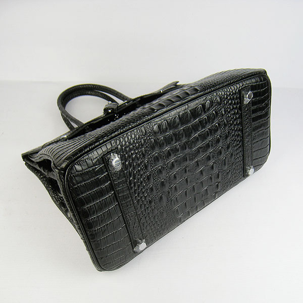 High Quality Fake Hermes Birkin 35CM Crocodile Head Veins Leather Bag Black 6089